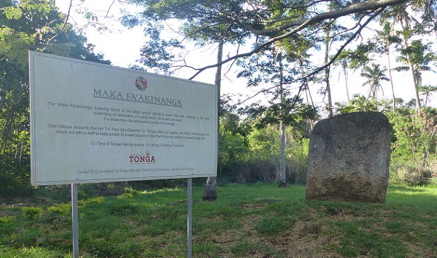 The backrest stone and a rare interpretive sign on Tongatapu